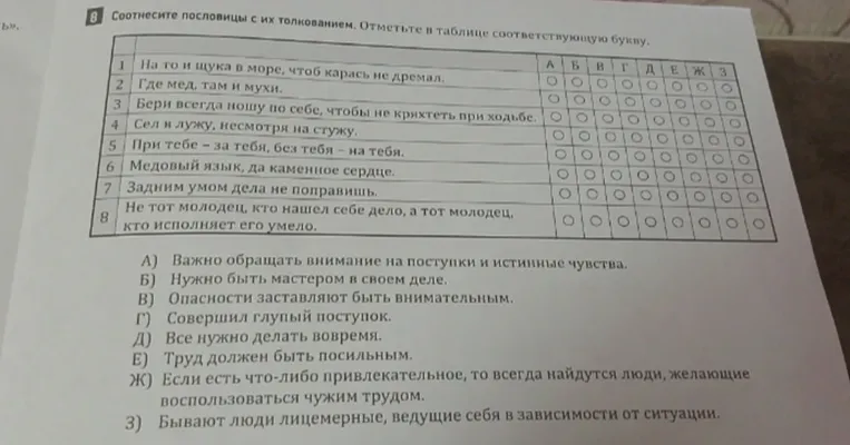 Соотнесите пословицы с их толкованием. Отметьте в таблице соответствующую букву. На то и щука в море, чтоб карась не дремал.