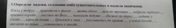 Определи падежи, склонение имён существительных и выдели окончания.