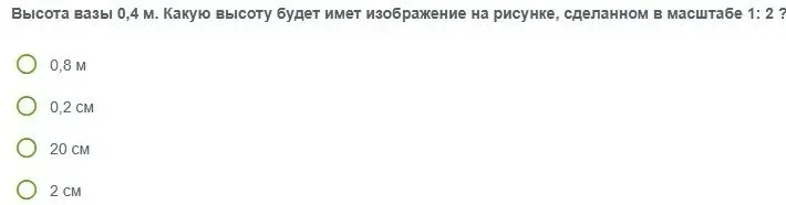 Высота вазы 0,4 м. Какую высоту будет иметь изображение на рисунке, сделанном в масштабе 1: 2?