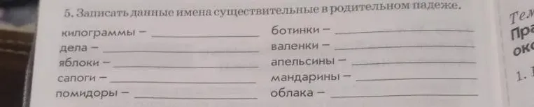 Запишите данные имена существительные в родительном падеже.