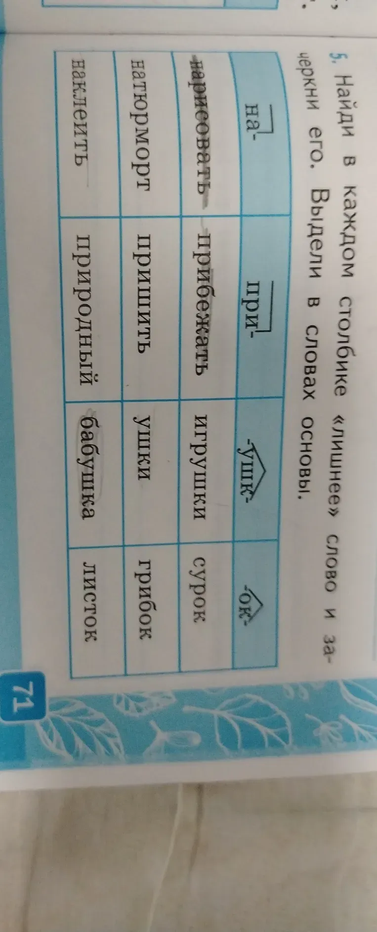 Найти в каждом столбике «лишнее» слово и зачеркнуть его. Выделить в словах основы.