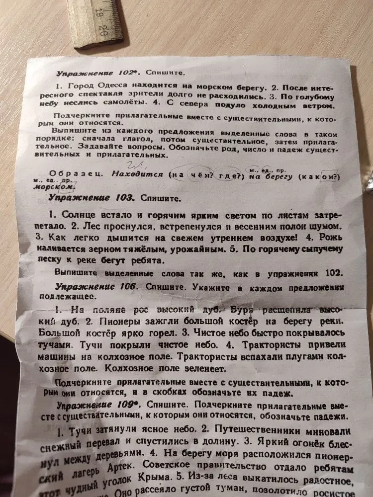 Спишите и подчеркните прилагательные вместе с существительными, к которым они относятся, выпишите выделенные слова в порядке: сначала глагол, потом существительное, затем прилагательное. Задайте вопросы. Обозначьте род, число и падеж существительных и прилагательных.