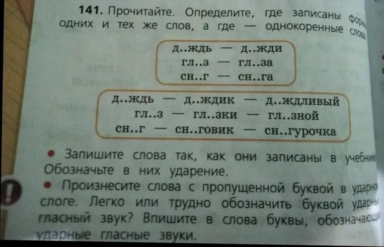 Прочитайте. Определите, где записаны формы одних и тех же слов, а где — однокоренные слова.