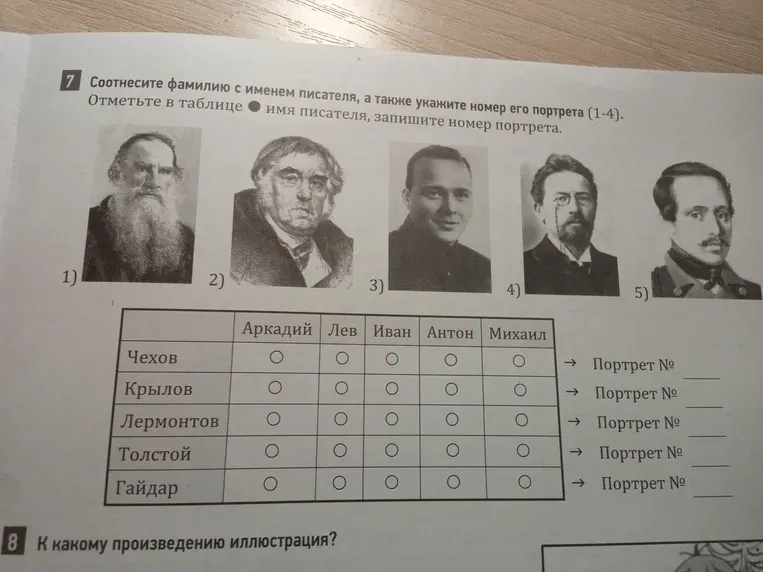 Соотнесите фамилию с именем писателя, а также укажите номер его портрета. Отметьте в таблице имя писателя, запишите номер портрета.