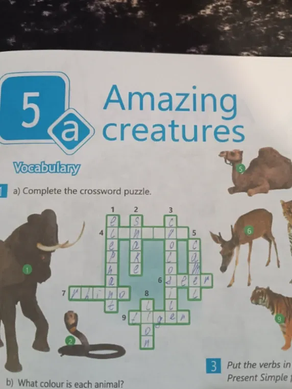 Complete the crossword puzzle. What colour is each animal?