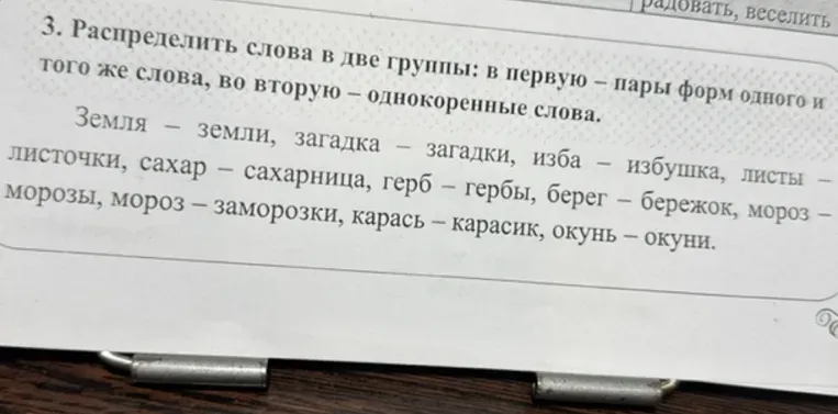 Распределить слова в две группы: в первую – пары форм одного и того же слова, во вторую – однокоренные слова.