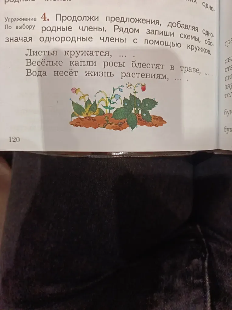 Продолжи предложения, добавляя однородные члены. Рядом запиши схемы, обозначая однородные члены с помощью кружков.