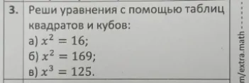 Реши уравнения с помощью таблиц квадратов и кубов: а) $x^2 = 16$
