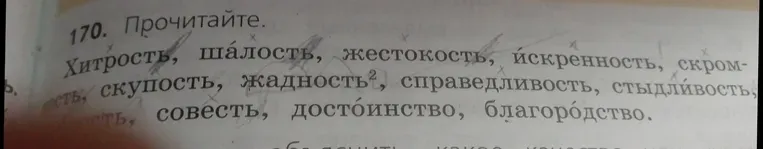 Прочитайте слова: Хитрость, шалость, жестокость, искренность, скромность, скупость, жадность, справедливость, стыдливость, совесть, достоинство, благородство.