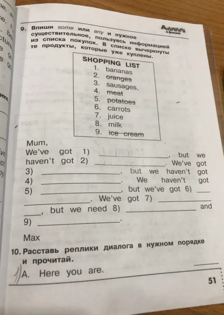 Впишите some или any и нужное существительное, пользуясь информацией из списка покупок.