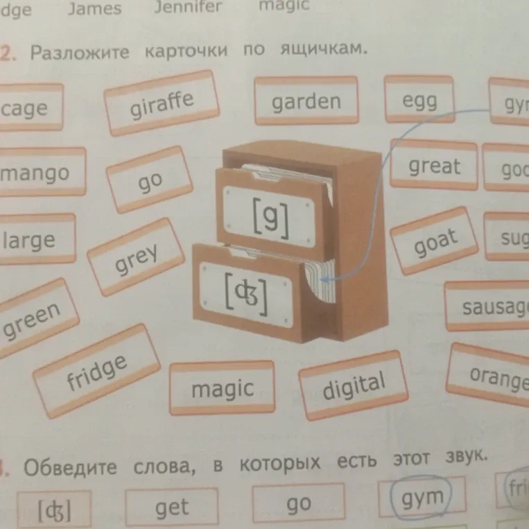 Разложите карточки по ящичкам.