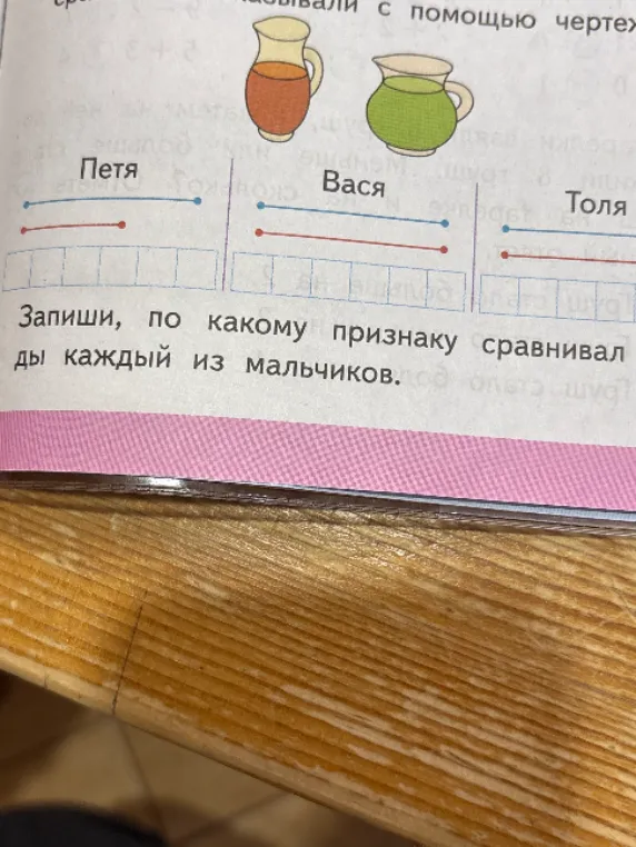 Запиши, по какому признаку сравнивали кувшины каждый из мальчиков.