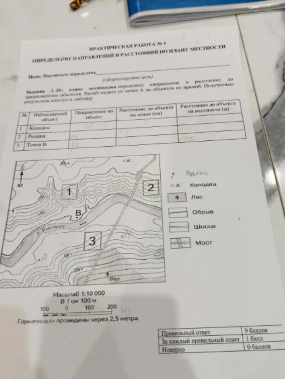 По плану местности определите направление и расстояние до предложенных объектов. Расчёт ведите от точки А до объектов по прямой. Полученные результаты внесите в таблицу.