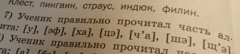 Ученик правильно прочитал часть алфавита: [у], [эф], [ха], [цэ], [ч’а], [шэ], [щ’э]