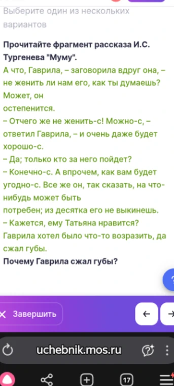 Прочитайте фрагмент рассказа И.С. Тургенева "Муму". Почему Гаврила сжал губы?
