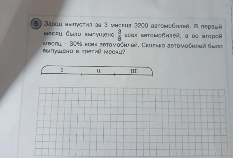 Завод выпустил за 3 месяца 3200 автомобилей. В первый месяц было выпущено 3/8 всех автомобилей, а во второй месяц - 30% всех автомобилей. Сколько автомобилей было выпущено в третий месяц?