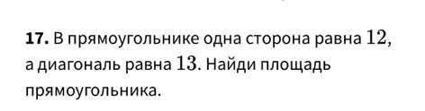 17. В прямоугольнике одна сторона равна 12, а диагональ равна 13. Найди площадь прямоугольника.