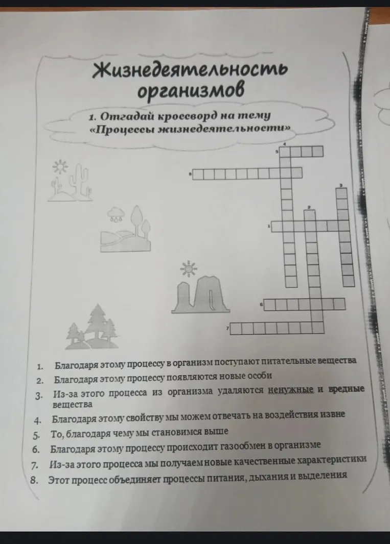 Отгадай кроссворд на тему «Процессы жизнедеятельности»