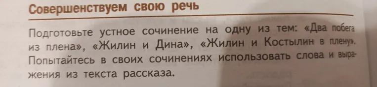 Подготовьте устное сочинение на одну из тем: «Два побега из плена», «Жилин и Дина», «Жилин и Костылин в плену».