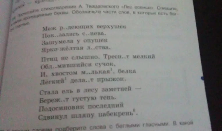 Спишите стихотворение А. Твардовского «Лес осенью», вставьте пропущенные буквы. Обозначьте части слов, в которых есть беглые гласные.