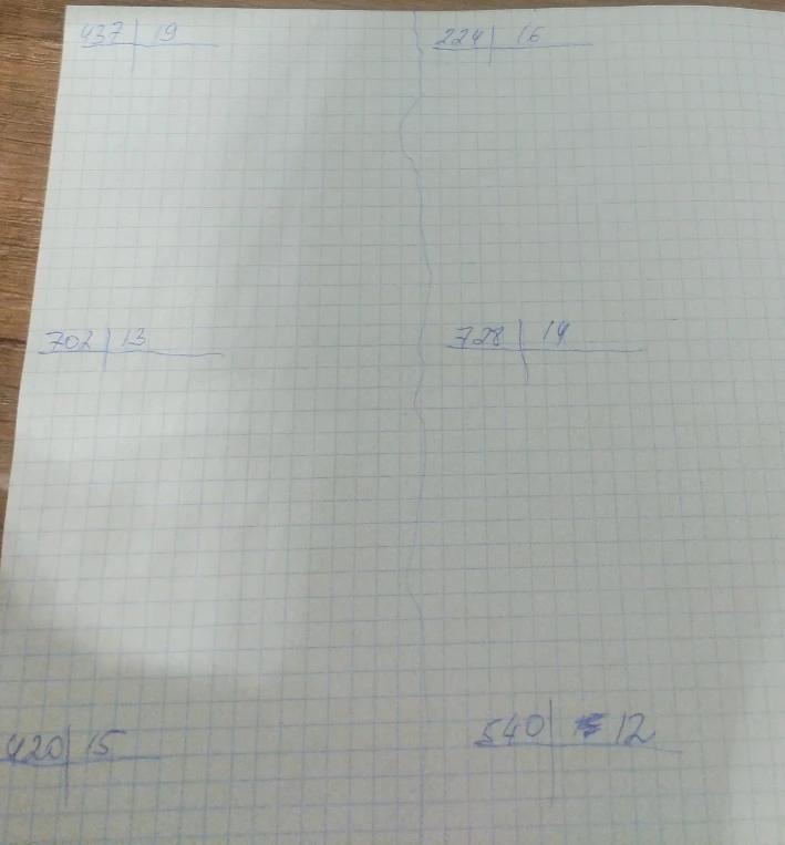 Выполнить деление уголком следующих чисел: 437 ÷ 19.