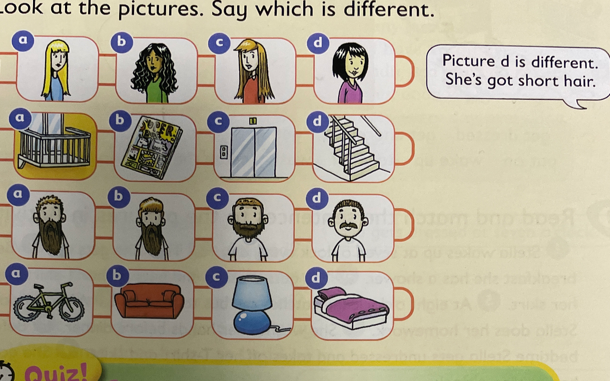 Look at the pictures. Say which is different.