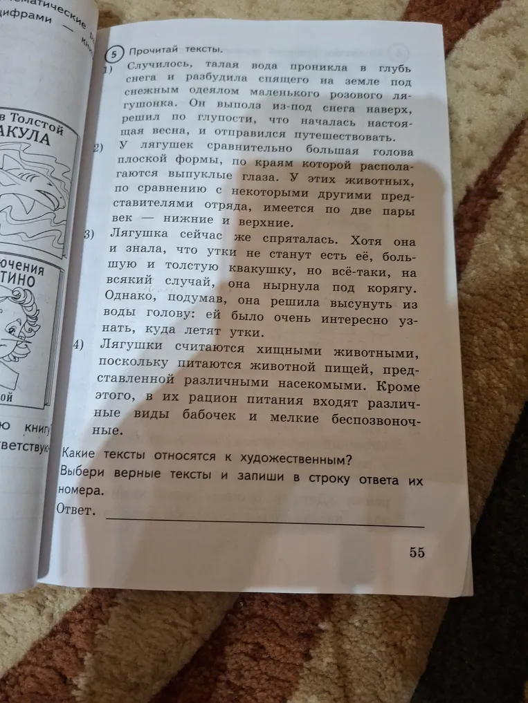 Прочитай тексты и выбери верные тексты, которые относятся к художественным, и запиши в строку ответа их номера.