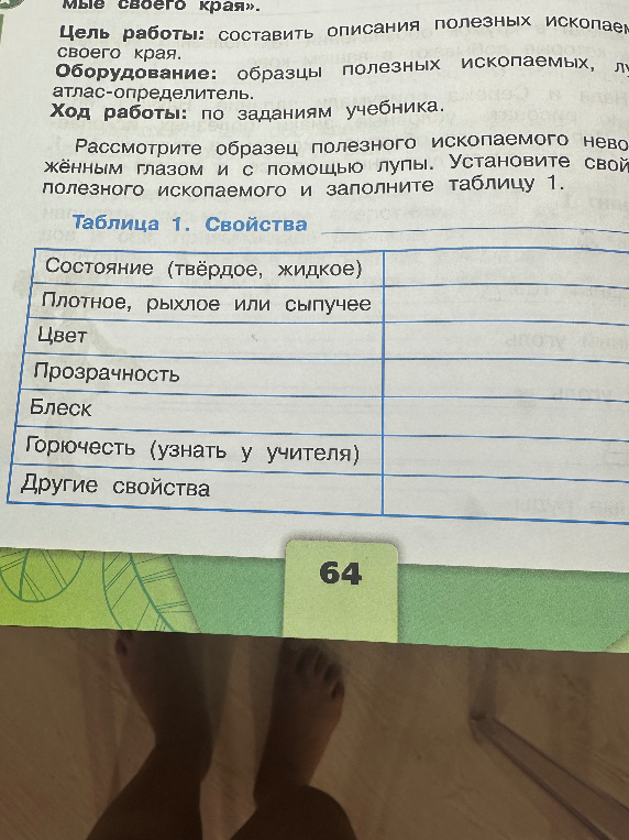 Рассмотрите образец полезного ископаемого невооружённым глазом и с помощью лупы. Установите свойства полезного ископаемого и заполните таблицу 1.