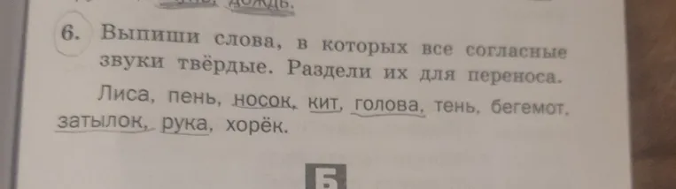 Выпишите слова, в которых все согласные звуки твёрдые. Разделите их для переноса.