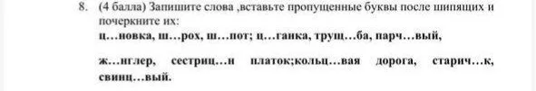 Запишите слова, вставьте пропущенные буквы после шипящих и подчеркните их