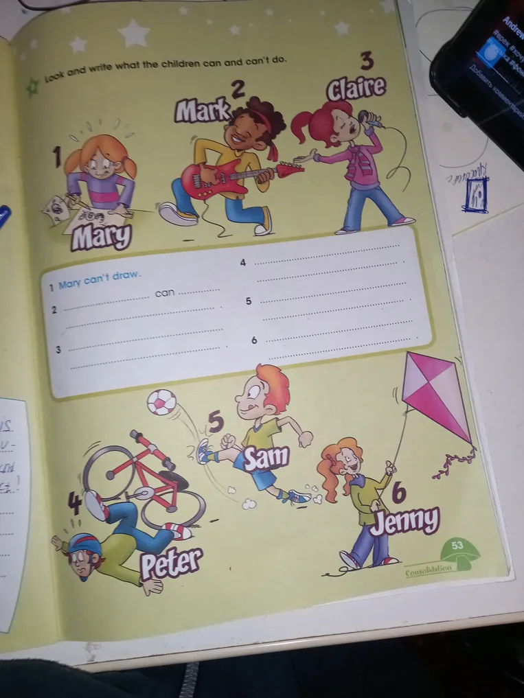 Look and write what the children can and can't do.