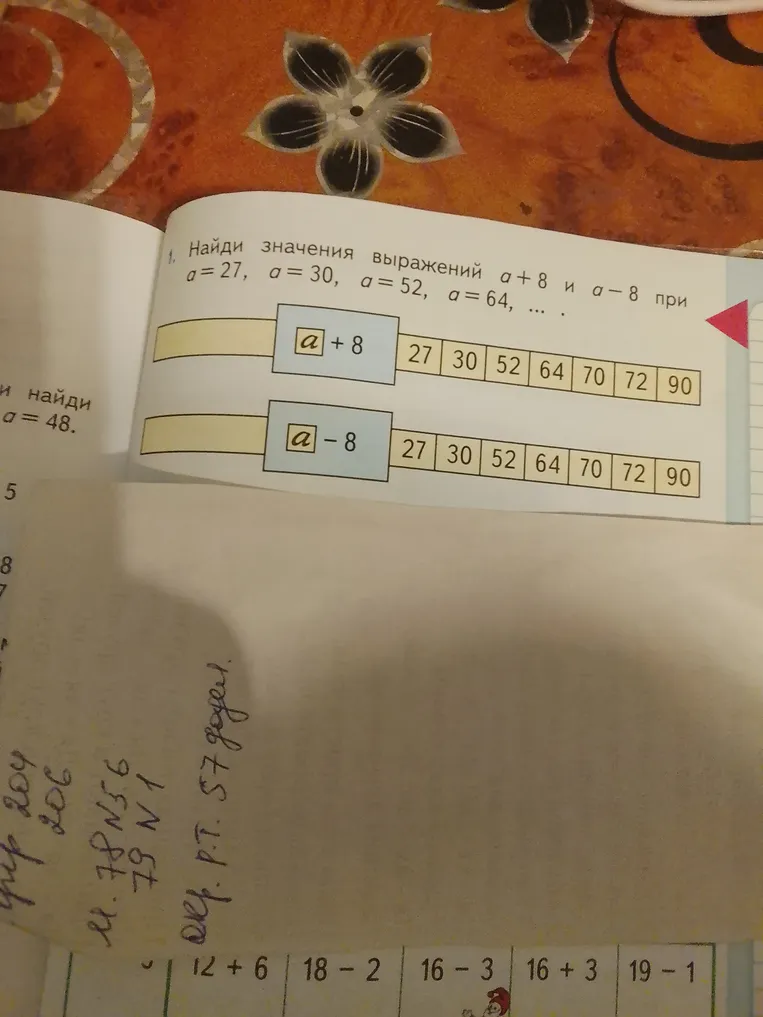Найди значения выражений a+8 и a-8 при a = 27, a = 30, a = 52, a = 64, ...