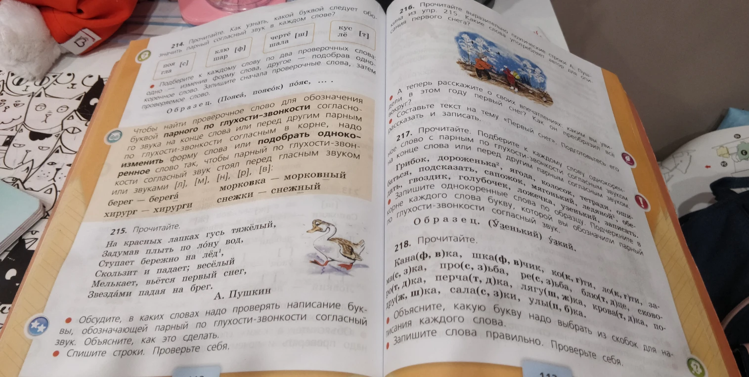 Прочитайте. На красных лапках гусь тяжёл, Задумав плыть по льну вод, Ступает бережно на лёд¹, Скользит и падает; весел Мелькает, вьётся первый снег, Звездами падая на брег. А. Пушкин