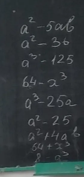 Разложите на множители выражения:
$a^2 - 5ab$
$a^2 - 36$
$a^3 - 125$
$64 - x^3$
$a^3 - 25a$
$a^2 - 25$
$a^2 + 4ab$
$64 + x^3$
$8 - a^3$