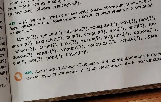 Сгруппируйте слова по видам орфограмм, обозначая условия выбора мягкого знака. Подчеркните краткие прилагательные с основой на шипящие.