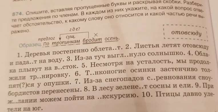 Спишите, вставляя пропущенные буквы и раскрывая скобки. Разберите предложения по членам. В каждом из них укажите, на какой вопрос отвечает обстоятельство, к какому слову оно относится и какой частью речи выражено.