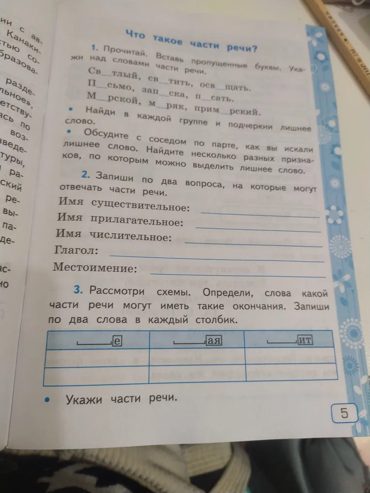 Прочитай. Вставь пропущенные буквы. Укажи над словами части речи.