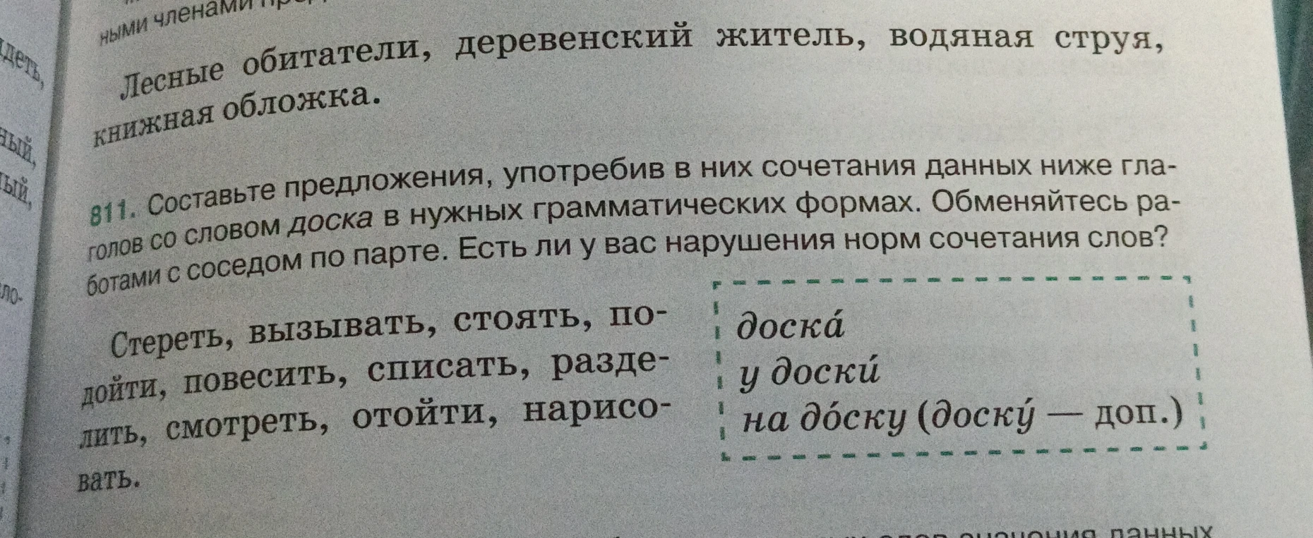 Составьте предложения, употребив в них сочетания данных ниже глаголов со словом доска в нужных грамматических формах