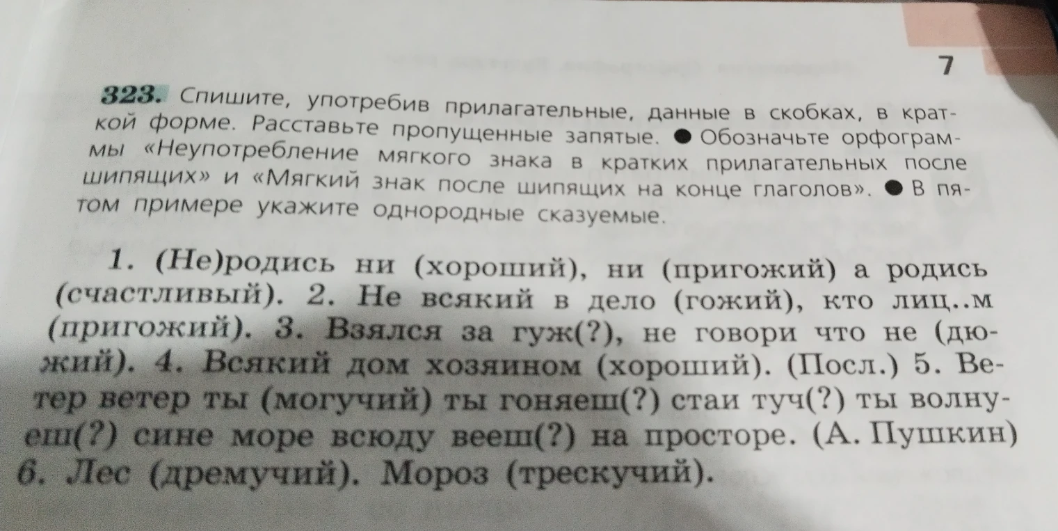 Спишите, употребив прилагательные, данные в скобках, в краткой форме. Расставьте пропущенные запятые. Обозначьте орфограммы «Неупотребление мягкого знака в кратких прилагательных после шипящих» и «Мягкий знак после шипящих на конце глаголов». В пятом примере укажите однородные сказуемые.