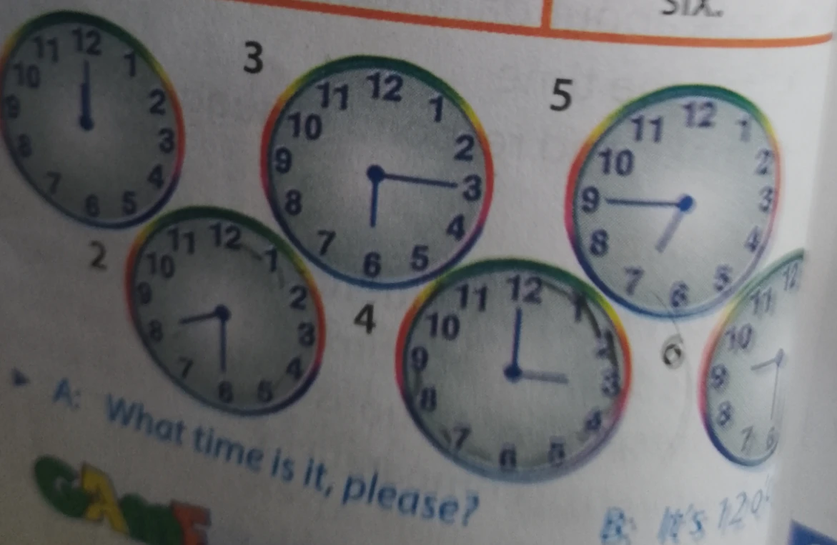 Ответь на вопрос 'What time is it, please?' по каждому изображению часов.