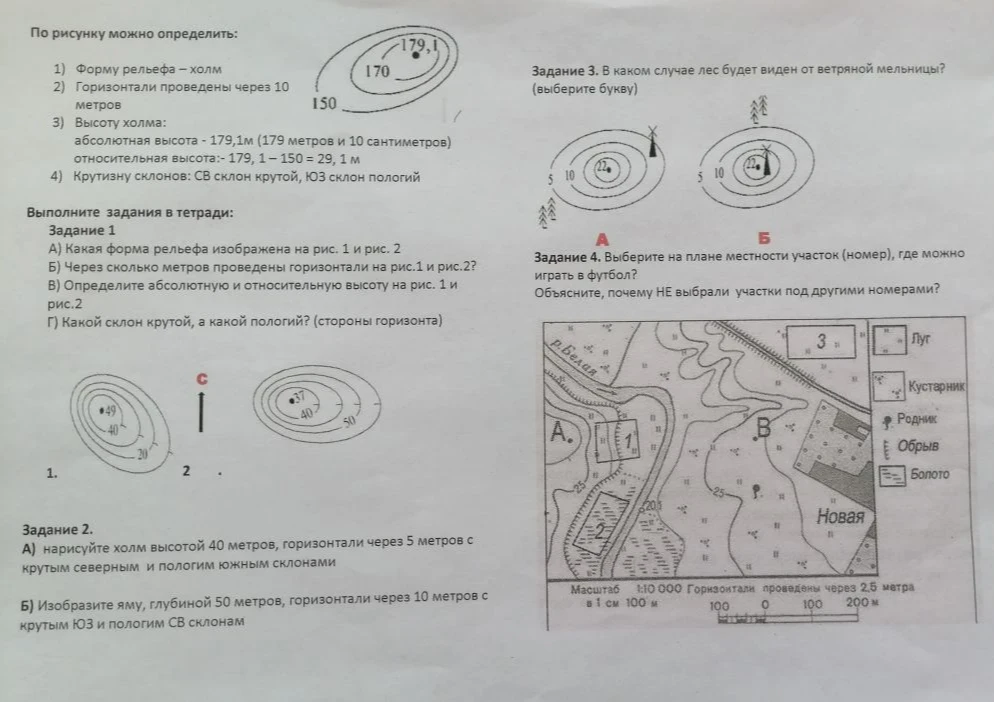 Определите форму рельефа, расстояние между горизонталями, абсолютную и относительную высоту, а также крутизну склонов на рисунках 1 и 2.