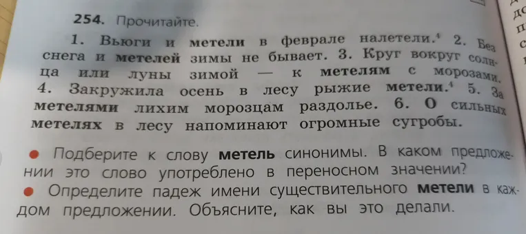 Подберите к слову метель синонимы. В каком предложении это слово употреблено в переносном значении?