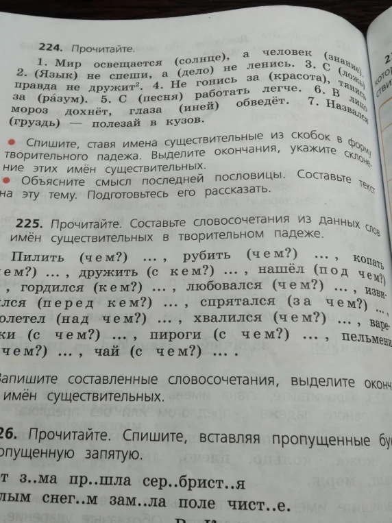 Спишите, ставя имена существительные из скобок в форму творительного падежа. Выделите окончания, укажите склонение этих имён существительных.