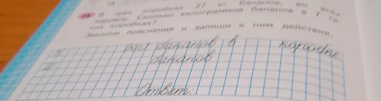 Выполни задание: Сколько килограммов бананов в трех коробках?