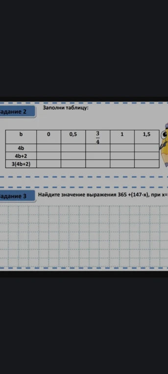 Заполнить таблицу, найдите значение выражения $365+(147-x)$, при $x = 100$