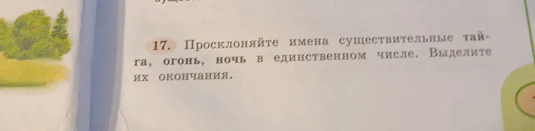 Просклоняйте имена существительные тайга, огонь, ночь в единственном числе. Выделите их окончания.