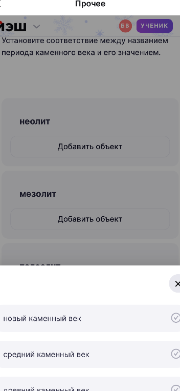 Установите соответствие между названием периода каменного века и его значением.