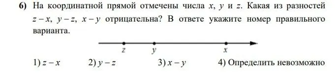 На координатной прямой отмечены числа x, y и z. Какая из разностей z - x, y - z, x - y отрицательна? В ответе укажите номер правильного варианта.