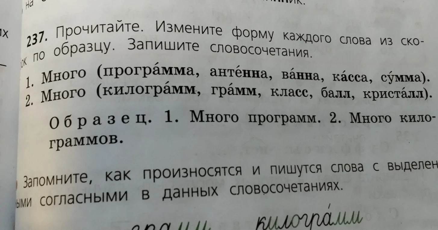237. Прочитайте. Измените форму каждого слова из скобок по образцу. Запишите словосочетания.