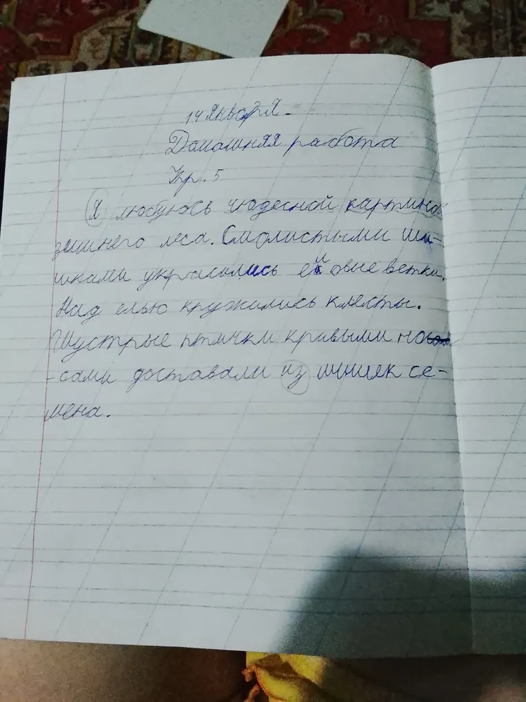 Выполни синтаксический разбор предложений из упражнения: 'Я любуюсь чудесной картиной зимнего леса...', 'Смолистыми шишками украсились еловые ветки...', 'Над елью кружились клесты...', 'Шустрые птички кривыми носами доставали из шишек семена.'